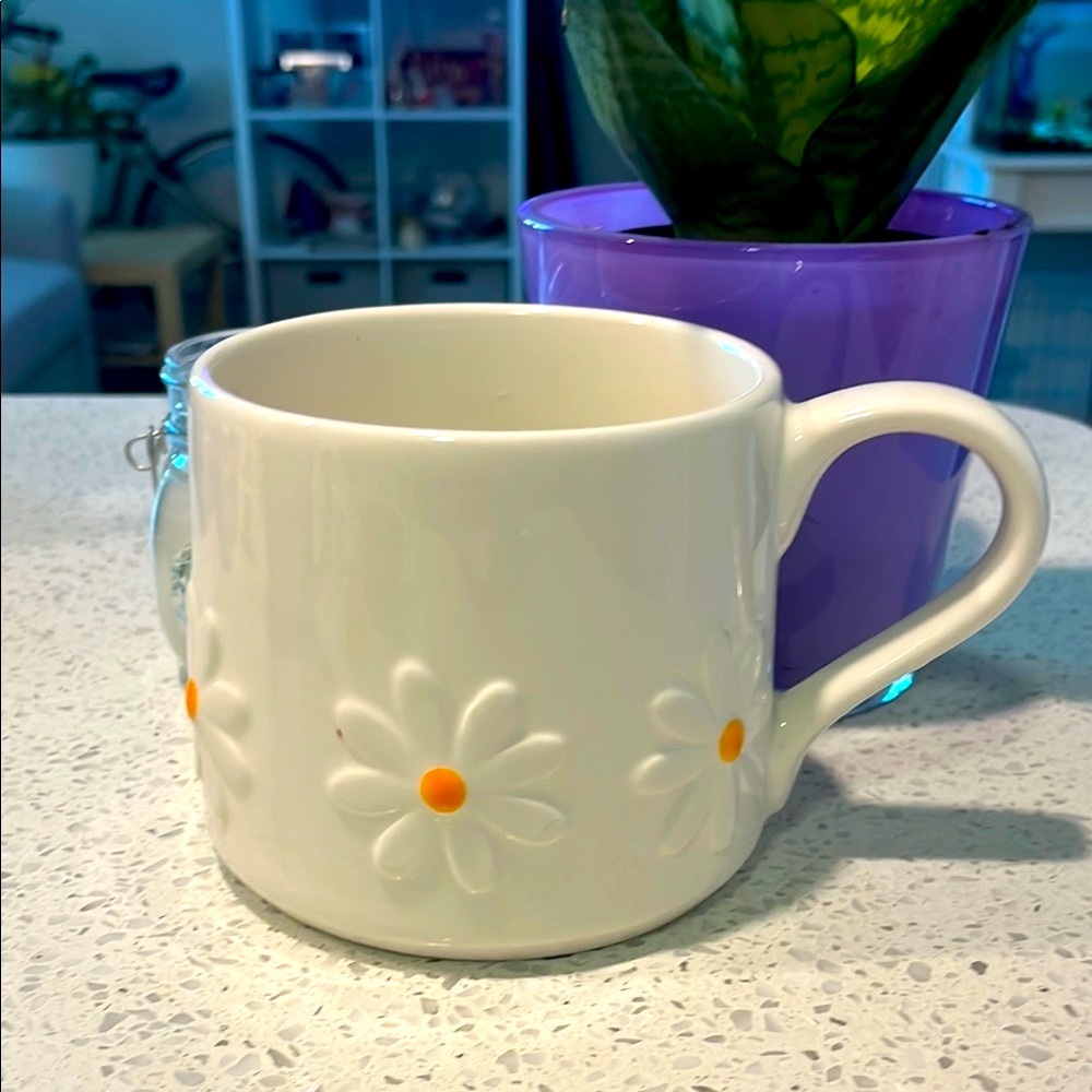NWT White Mug with Daisy Design 4” 1.10pt.(520ml)